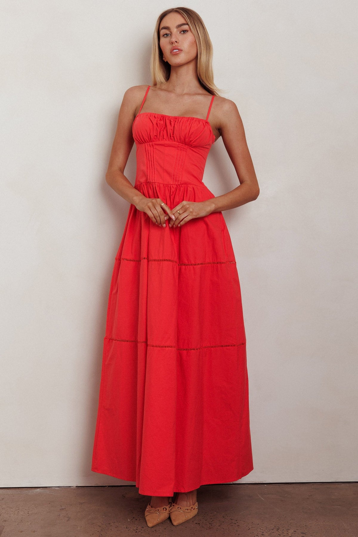 Heavenly Glow Gathered Bust A-Line Maxi Dress Red