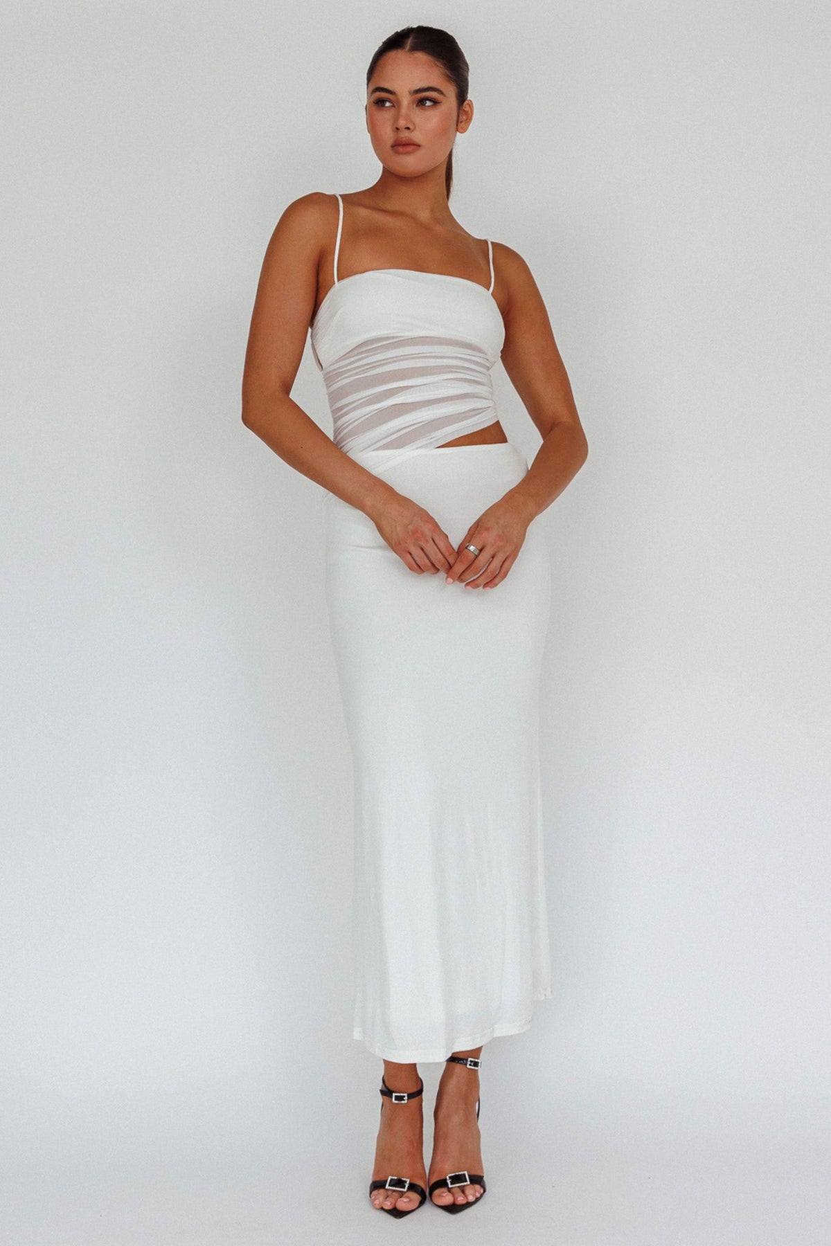 Lorely Ruched Bodice Midi Dress Vanilla