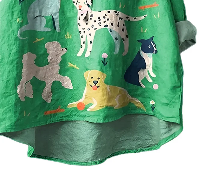 Green Dog Print Relaxed-Fit Button-Down Shirt for Women | Poly-Cotton
