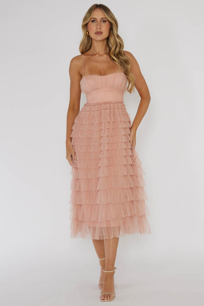 Garden Party Tiered Frill Midi Dress Blush