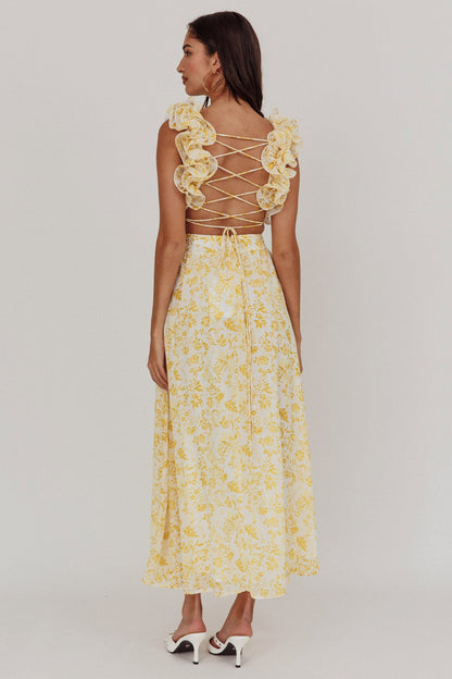 Madara Lace-Up Back Maxi Dress Floral Yellow