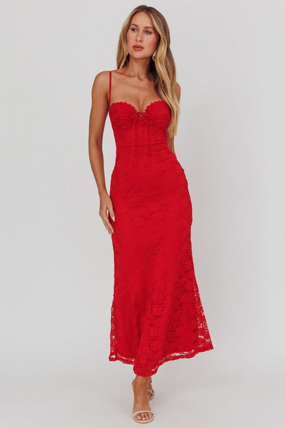 Passione Tied Bust Lace Maxi Dress Cherry