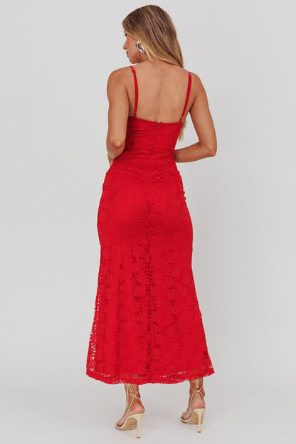 Passione Tied Bust Lace Maxi Dress Cherry
