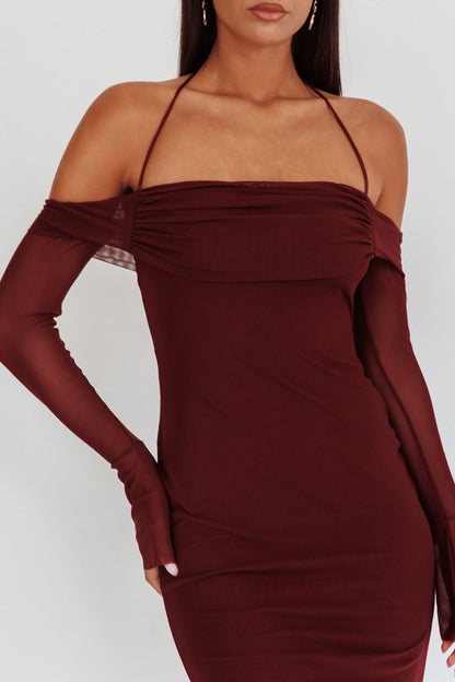 Numbers Game Off-Shoulder Halter Maxi Dress Chocolate