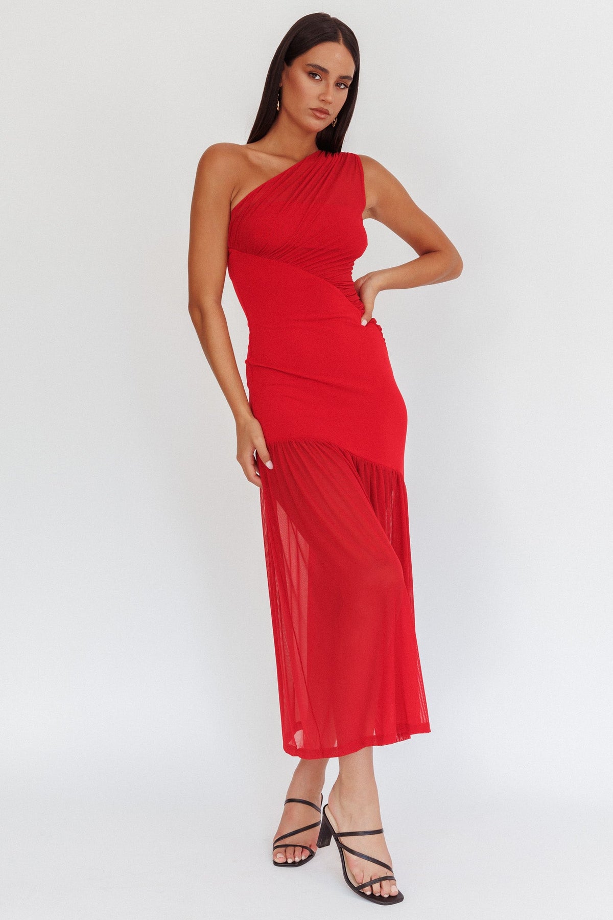 Passion One-Shoulder Mesh Maxi Dress Red