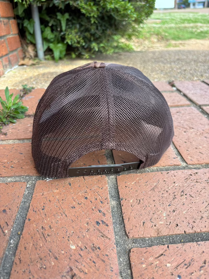 Zeo-Pro rectangle leather patch with Oxford, Mississippi Established 1817 on a old school brown camo Richardson 112PFP cap. Cap features a brown mesh back and is adjustable. Back View