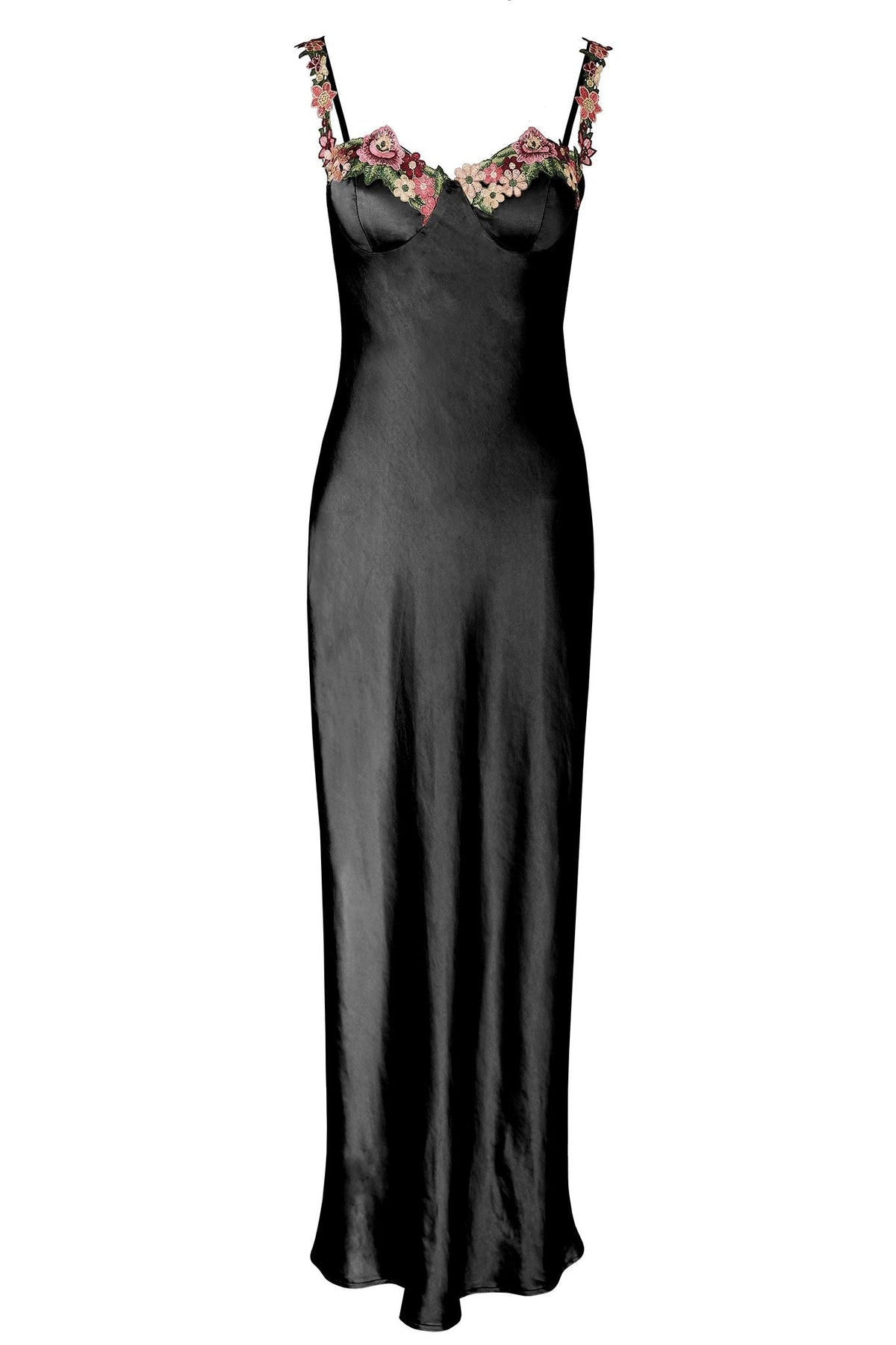 Rose Garden Floral Applique Midi Dress Black