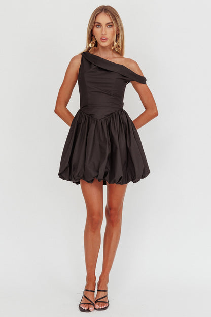 Celinda Asymmetric Neckline Balloon Mini Dress Black