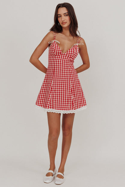Noelle Lace Trim Mini Dress Gingham Red