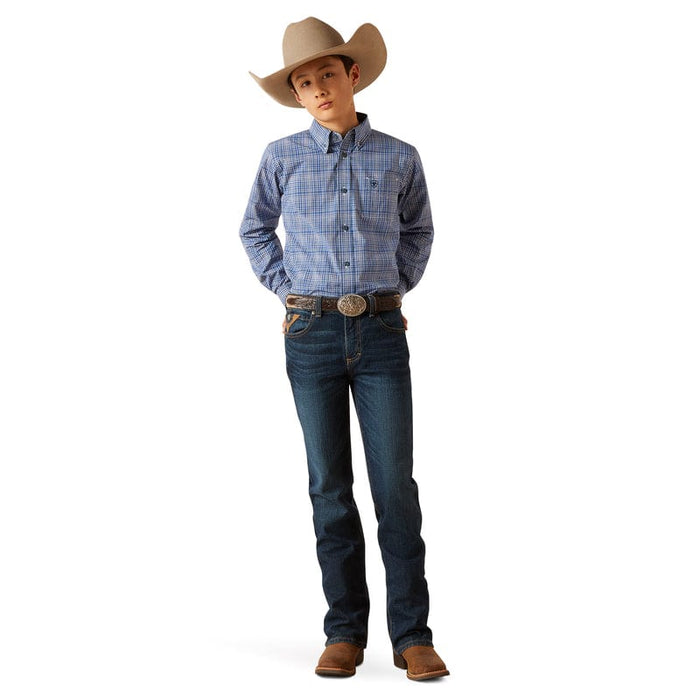 Boy's Ariat long sleeve shirt in True Blue Plaid. Full front view showing shirt tucked in.