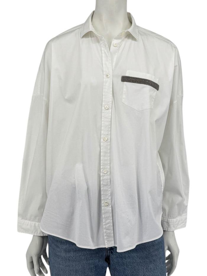 Brunello Cucinelli White Monili Trim Oversized Cotton Button-Front Shirt L
