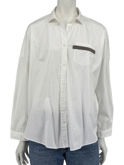 Brunello Cucinelli White Monili Trim Oversized Cotton Button-Front Shirt L