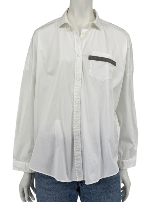 Brunello Cucinelli White Monili Trim Oversized Cotton Button-Front Shirt L