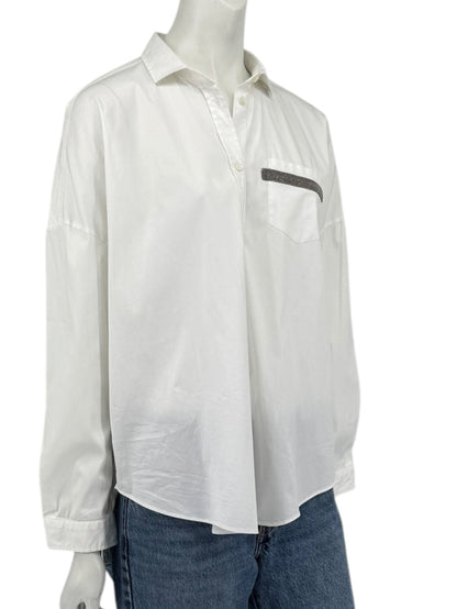 Brunello Cucinelli White Monili Trim Oversized Cotton Button-Front Shirt L