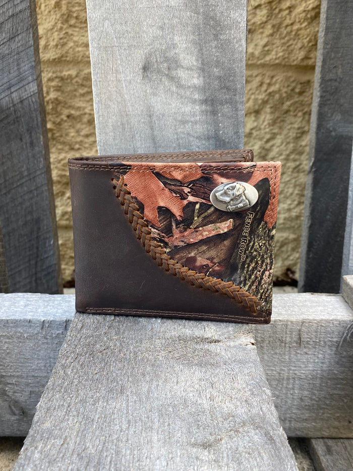 Zep-Pro Lab Concho 1/2 Mossy Oak Camo/Brown Bi-fold Wallet. Front view shows 
Crazy Horse Brown Distressed Leather
Mossy Oak Break-Up Leather Print Design
Laced “Fence-row” Border between camo and brown leather
Measures (folded) 4.25 inches X 3.5 inches
Lab silver tone concho on upper right corner on camo