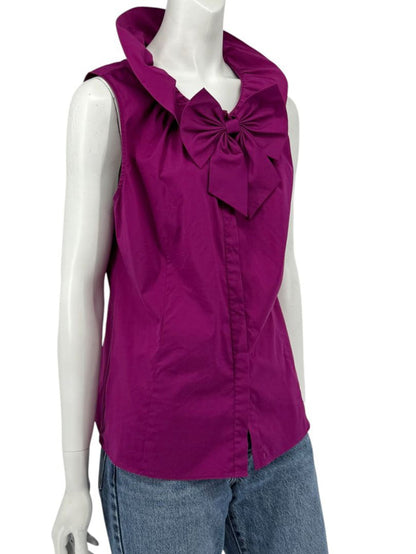 Lafayette 148 New York Sleeveless Cotton Poplin Bow-Collar Blouse – Size 12