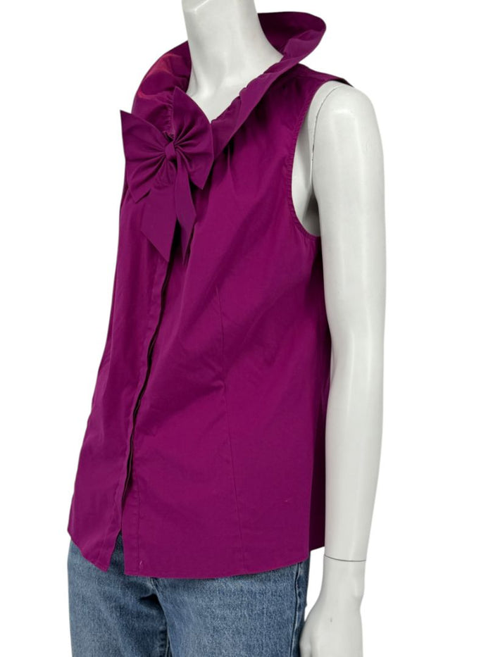 Lafayette 148 New York Sleeveless Cotton Poplin Bow-Collar Blouse – Size 12