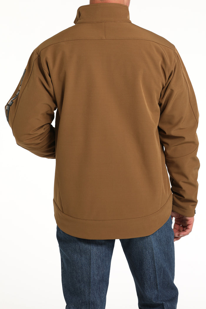 Brown Cinch bonded jacket. Back view shows long shirt-tail shaped hem that comes below seat.
