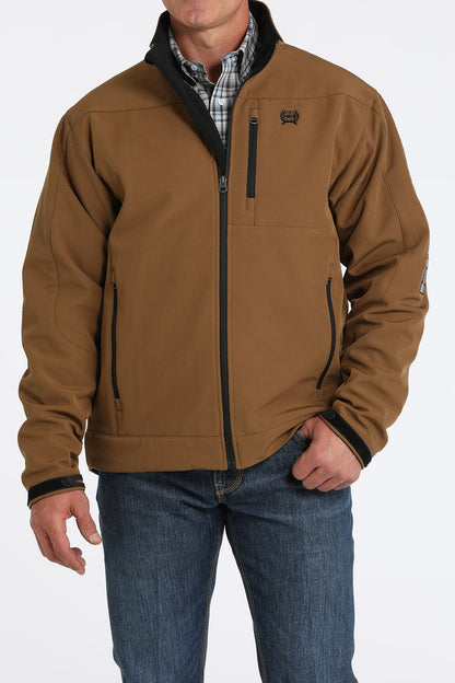 Full front view of brown Cinch bonded jacket. Shows soft black collar and front zipper lining.