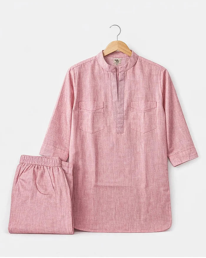 Powder Pink Linen Blend Kurta Co-ord Set for Women