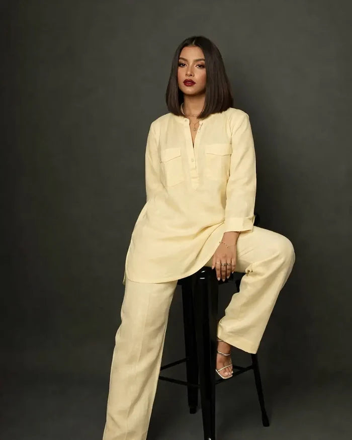 Powder Yellow Linen Blend Kurta Co-ord Set for Women