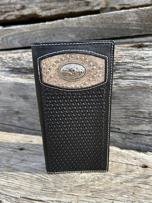 Top Notch Accessories Black Basketweave Leather Tall Wallet with Praying Cowboy Concho