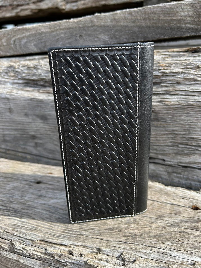 Top Notch Accessories Black Basketweave Leather Tall Wallet with Praying Cowboy Concho