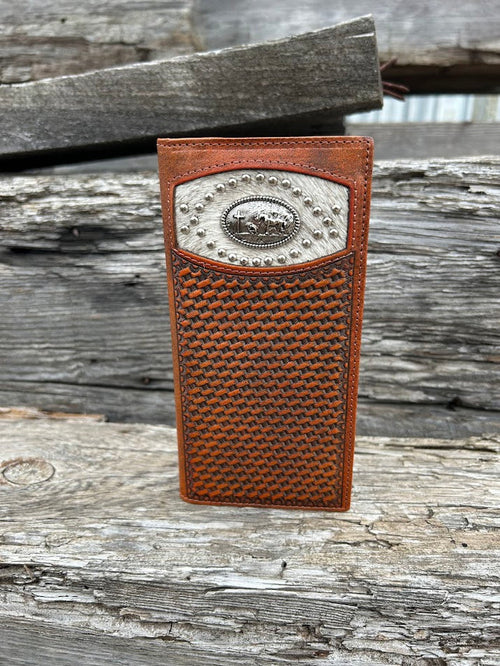 Brown basketweave leather tall wallet with Praying Cowboy Concho on  cowhide inlay. Front View