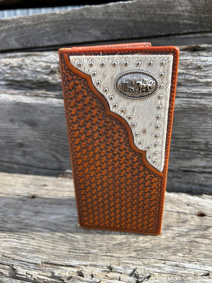 Brown Basketweave leather tall wallet with a Praying Cowboy Concho on a cowhide inlay. Front View D