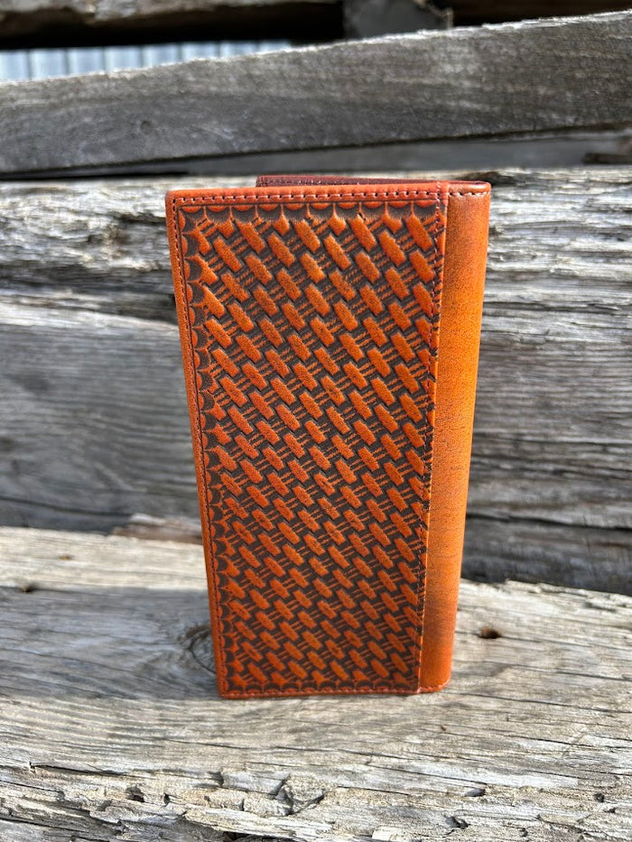 Brown Basketweave leather tall wallet with a Praying Cowboy Concho on a cowhide inlay. Rear View