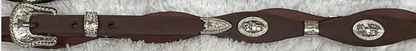 Brown leather hat band with Praying Cowboy Conchos and a western style buckle.