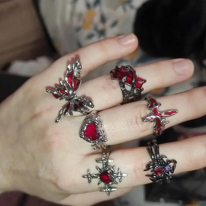 Y2K Gothic Animal Spider Crimson Crystal Ring